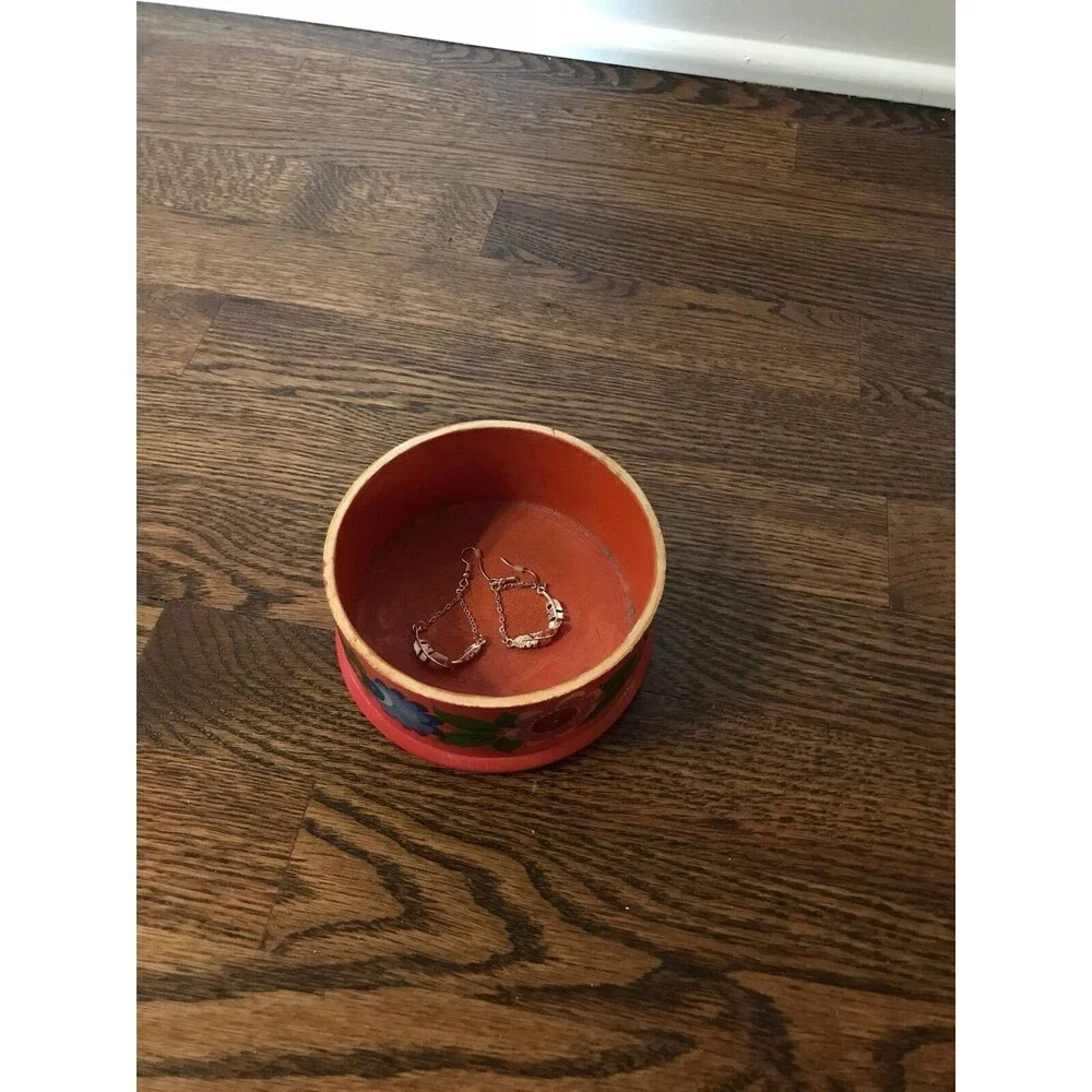 vtg 70s‎ boho wooden jewelry bowl hand painted orange floral home decor gift
